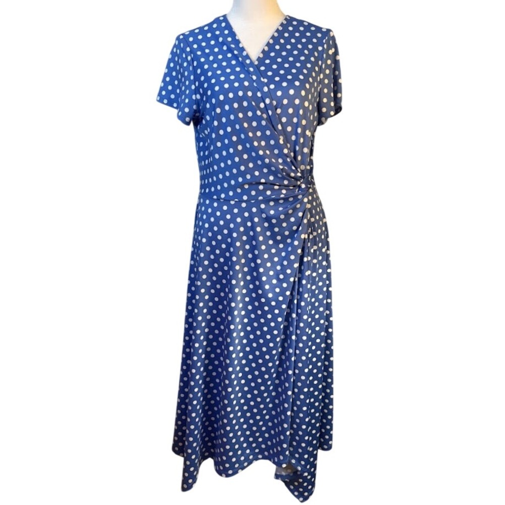 Perceptions Polka Dot Dress Womens Medium Blue NEW Wrap‎ Faux Knot Midi